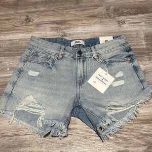 Just Black Denim brand, Light Wash Distressed Frayed-Hem Jean Shorts